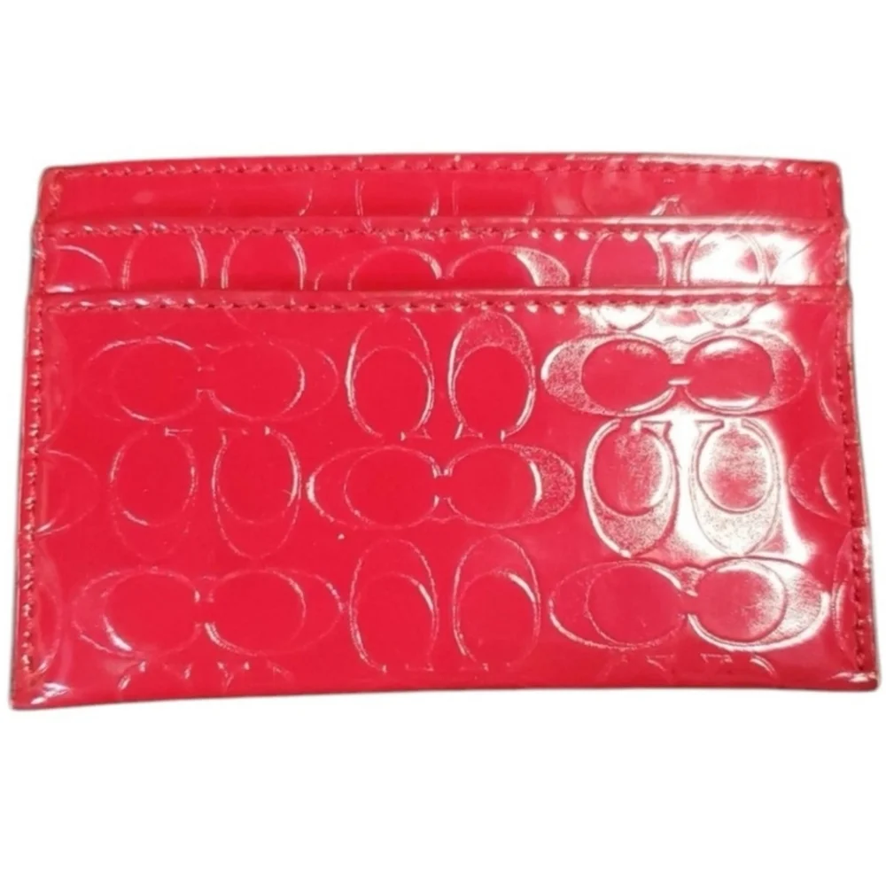 Coach Embossed Liquid Gloss Card Case Skinny Wallet Red Shiny F62544 EUC